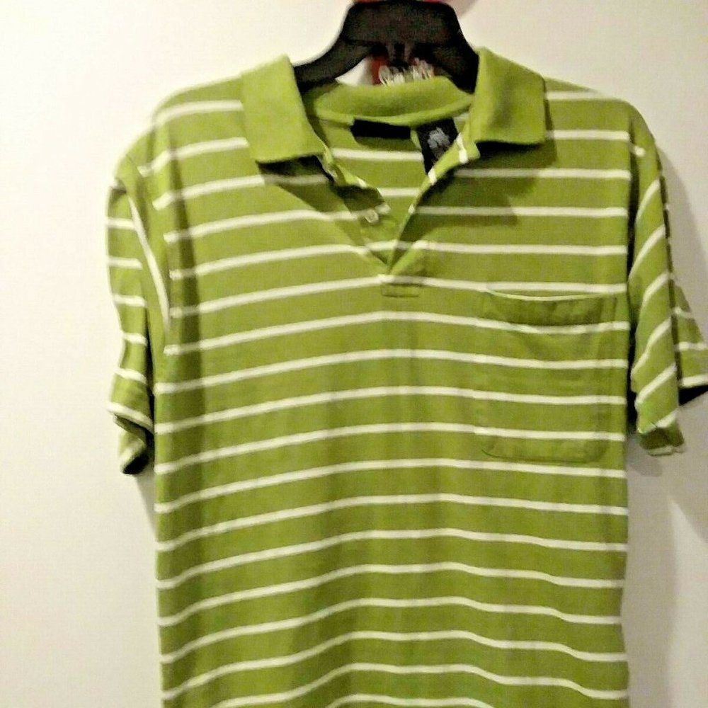 Puritan Men's Green and White Striped Polo Shirt S
